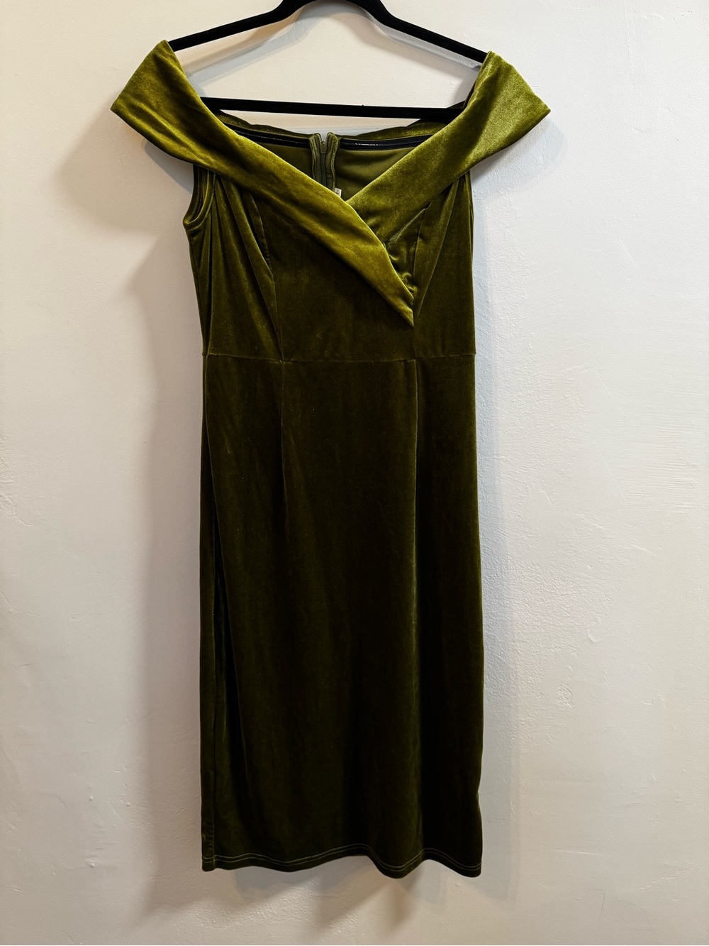 Olive green velvet off-shoulder dress- Medium